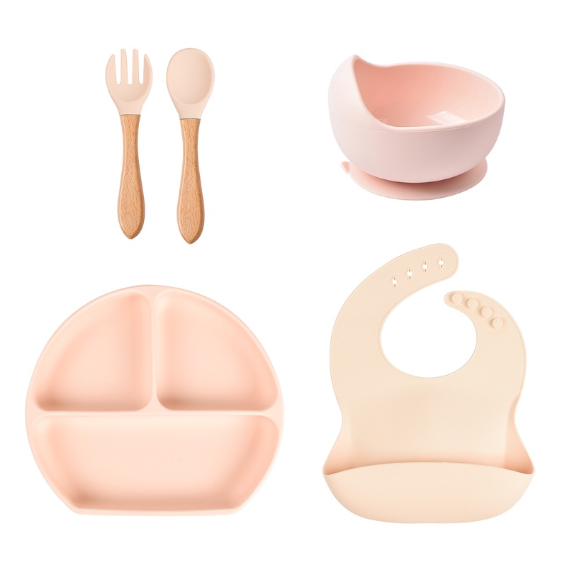Set 5 Món Bát / Muỗng / Nĩa Tập Ăn Chia Ngăn Bằng Silicone Dành Cho Bé
