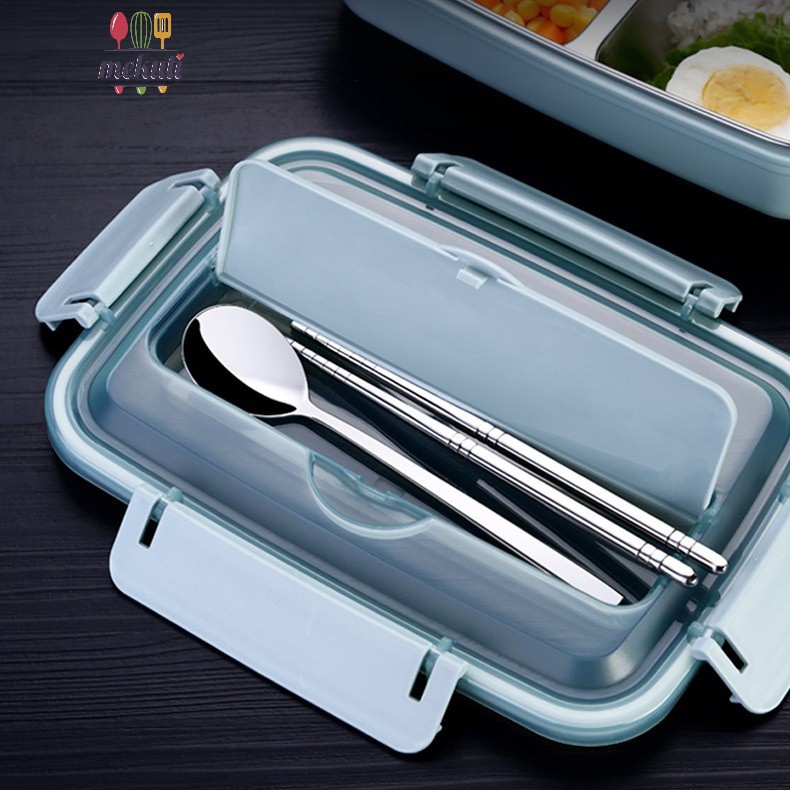 Hộp cơm văn phòng khay inox 304 Tặng kèm Thìa Đũa Inox Cao Cấp, vỏ nhựa PP cao cấp có giá để điện thoại