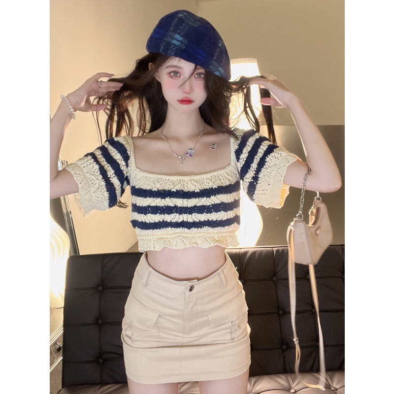 Áo dệt kim cổ vuông họa tiết kẻ sọc thời trang Hàn Quốc cho nữ