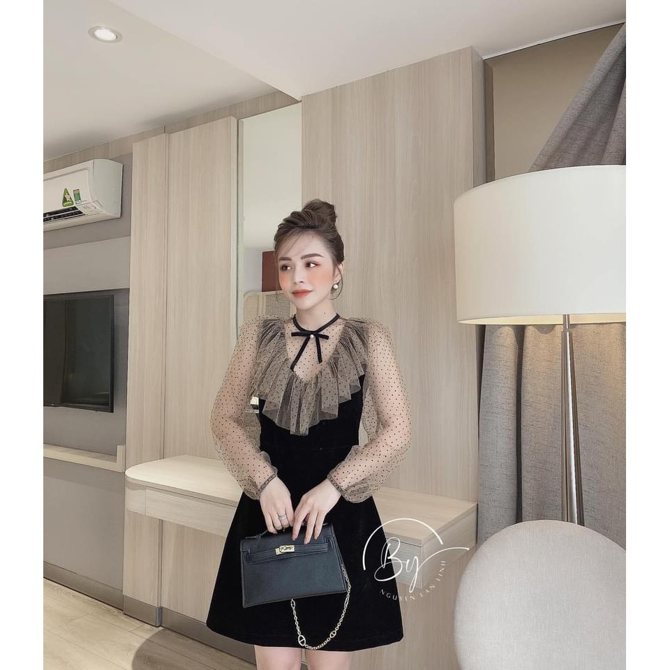 VÁY NHUNG DÀI TAY PHỐI REN LƯỚI CHẤM BI