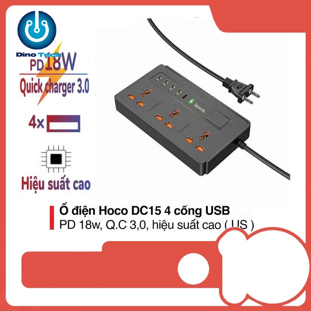 Ổ Cắm Điện Đa Năng Hoco DC15 Sạc nhanh PD 18w 4 cổng USB Cổng AC 220v Tiện Dụng và An Toàn - Bảo Hành Chính Hãng