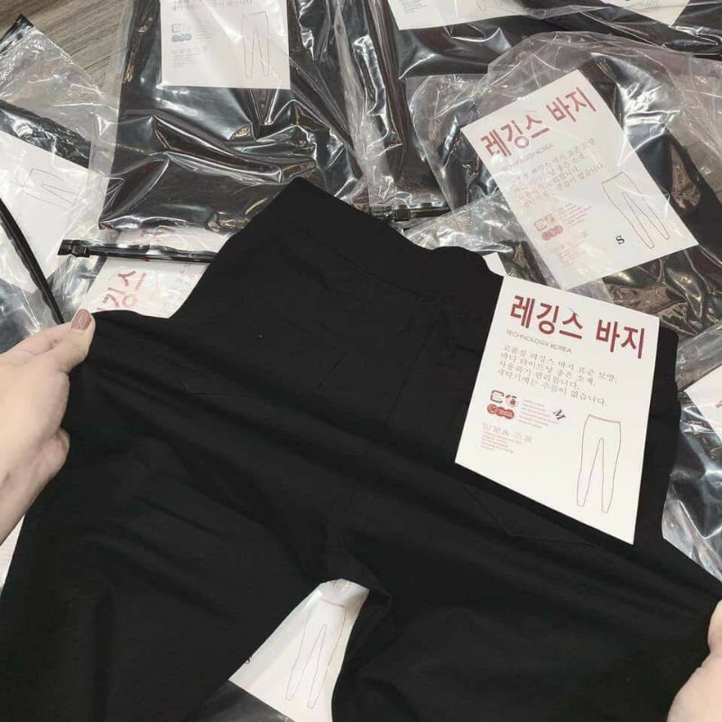 Quần legging dài nữ màu đen trơn vải dày có túi sau-hàng xuất