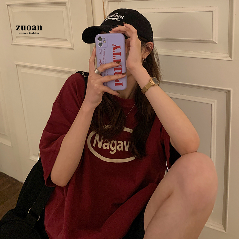 SUXI Áo thun tay ngắn dáng rộng in họa tiết chữ cái thời trang dành cho nữ