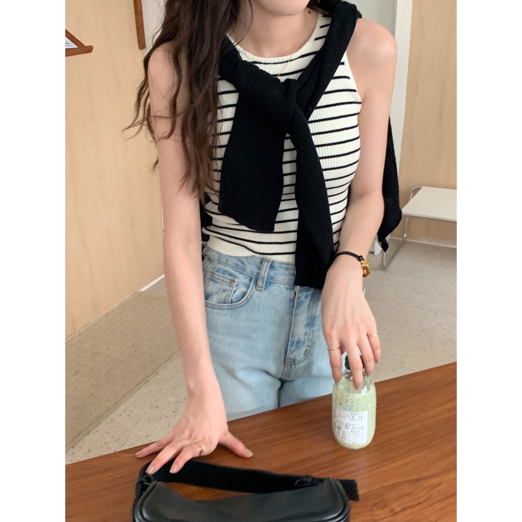 Áo sát nách họa tiết kẻ sọc ngang / màu trơn cá tính hợp thời trang 46343