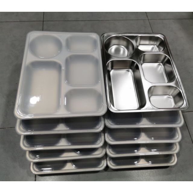 Khay cơm inox 5 ngăn inox loại dày - khay inox 5 ngăn đựng thức ăn
