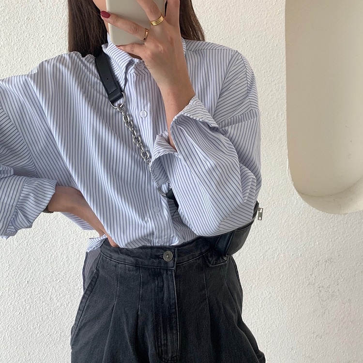 Áo sơ mi ZHELIHANGFEI dài tay kẻ sọc dọc màu xanh dương phong cách Preppy dễ phối đồ
