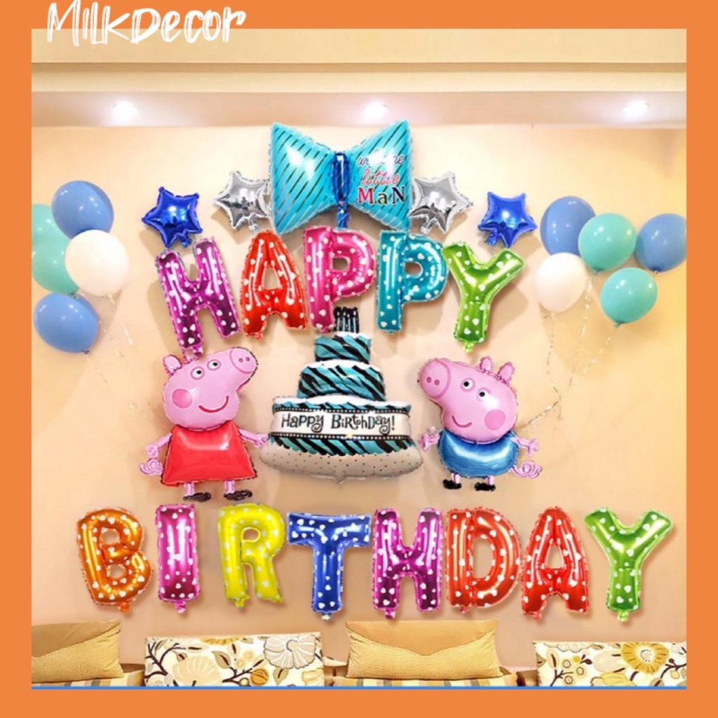 {MILKDECOR} BỘ BÓNG BAY TRANG TRÍ SINH NHẬT HAPPYBIRTHDAY HEO PEPPA MM90 TẶNG KÈM BƠM TAY BĂNG KEO DÍNH BÓNG