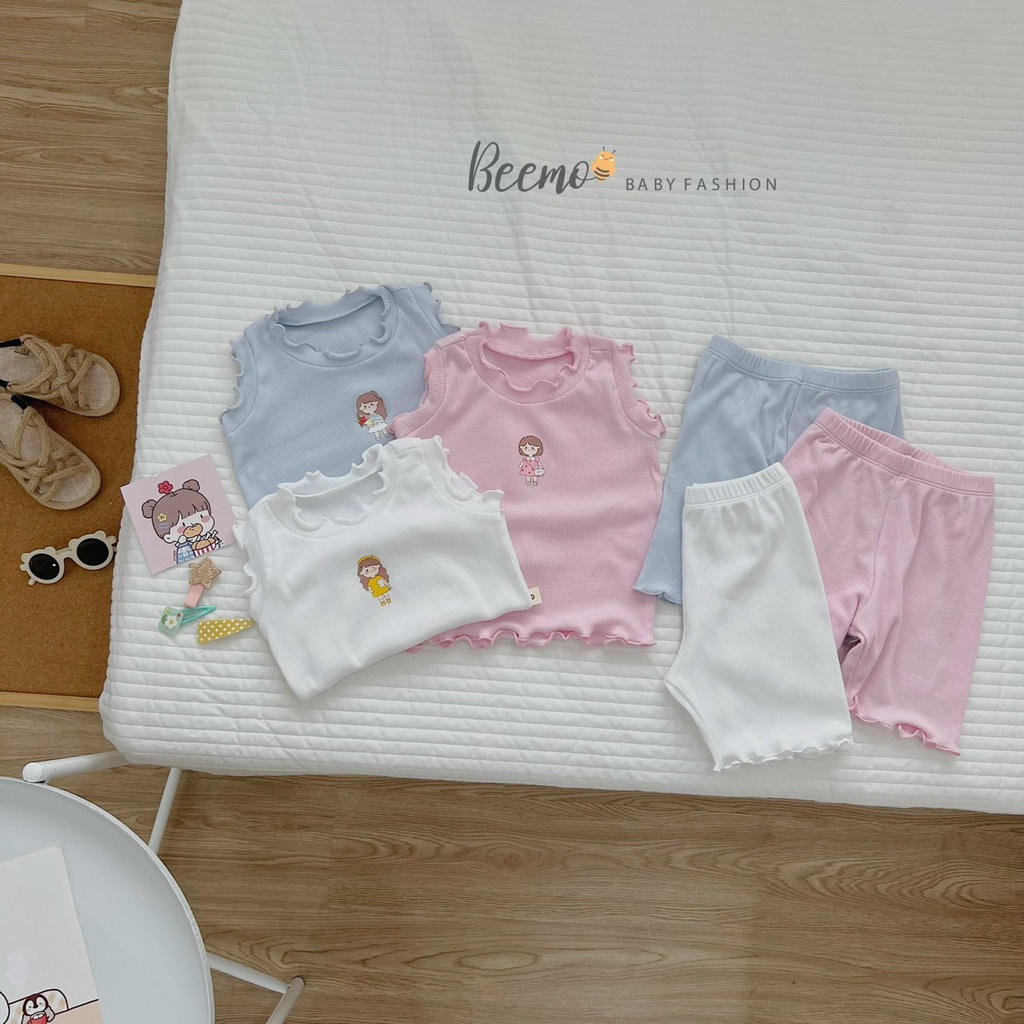 Bộ thun tăm ba lỗ cho bé gái, bộ sát nách bánh bèo xinh xắn Beemo