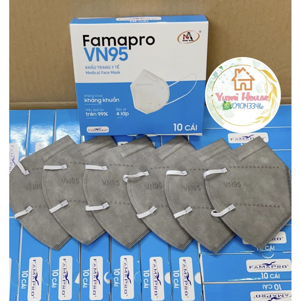 [VN95 ( N95) Famapro hộp 10 cái Màu Xám] Khẩu trang y tế N95 kháng khuẩn 4 lớp Famapro VN95