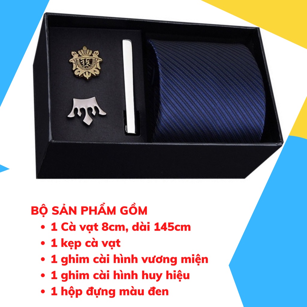 Set cà vạt bản to 8cm làm quà tặng cho Nam gồm cà vạt, kẹp cà vạt, ghim cài áo đóng hộp lịch sự CCV-13