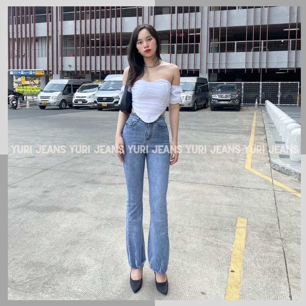 [ Hình Thật Shop Chụp] Quần Jeans Nữ  Ống Loe  Dài Lưng Cao Rách Lai Shop Yuri Jeans