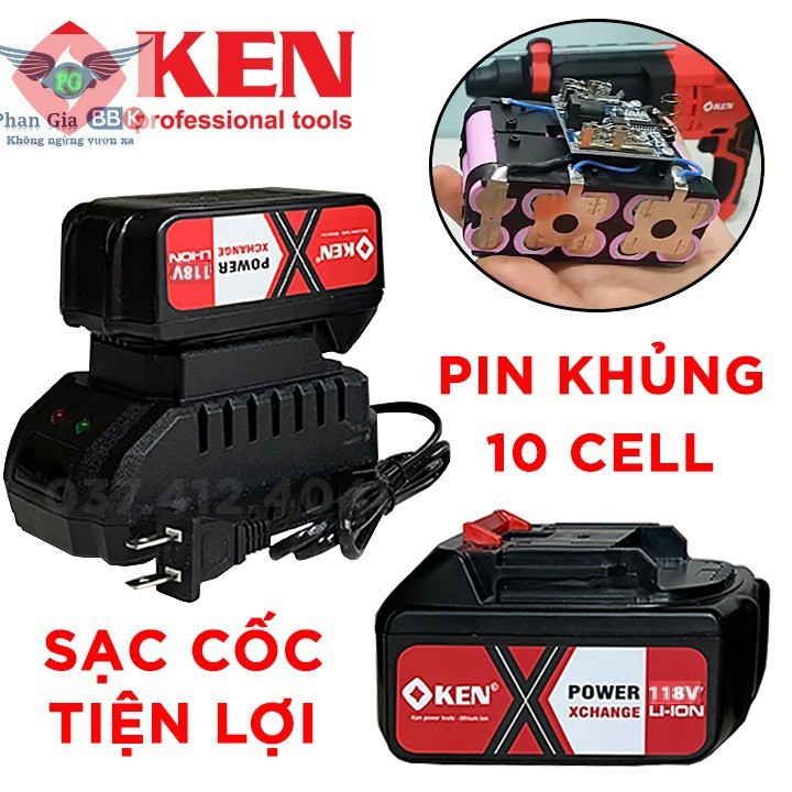 Máy Khoan đục Bê tông dùng pin KEN 118V 3 chức năng - Pin 10 CELL - Động cơ từ - Máy Khoan Có Búa - Khoan Pin Không than