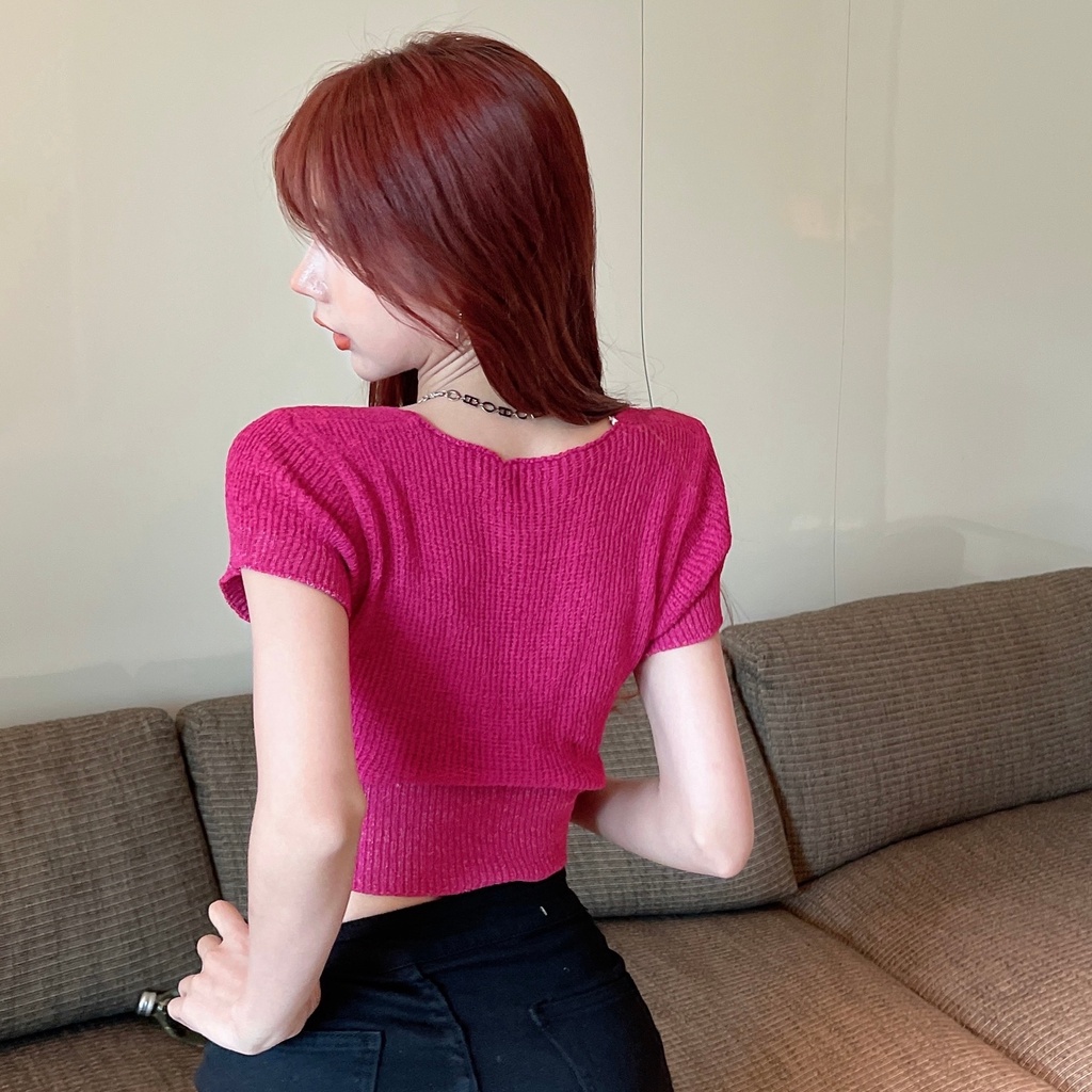 Áo croptop ZHELIHANGFEI dệt kim tay ngắn cổ vuông thiết kế quyến rũ thời trang dành cho nữ