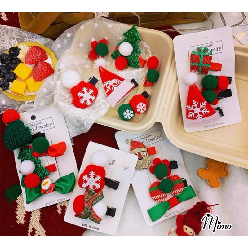 Kẹp tóc giáng sinh ngọt ngào cute, set 4 món kẹp cây thông, ông già noel, mũ len mẫu mới 2021