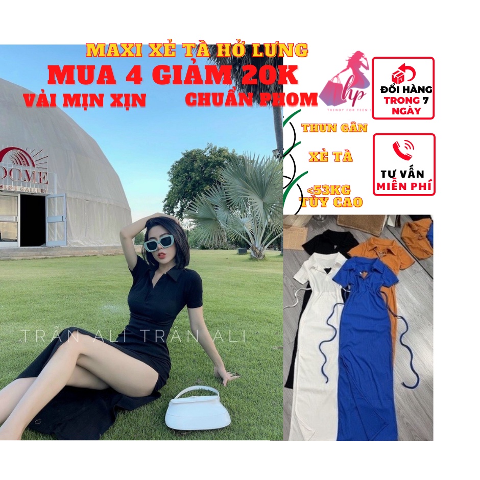 Váy đầm maxi dài nữ ôm bodycổ polo xẻ tà hở lưng đan dây tay tay ngắn thời trang dự tiệc sexy phong cách hàn | BigBuy360 - bigbuy360.vn