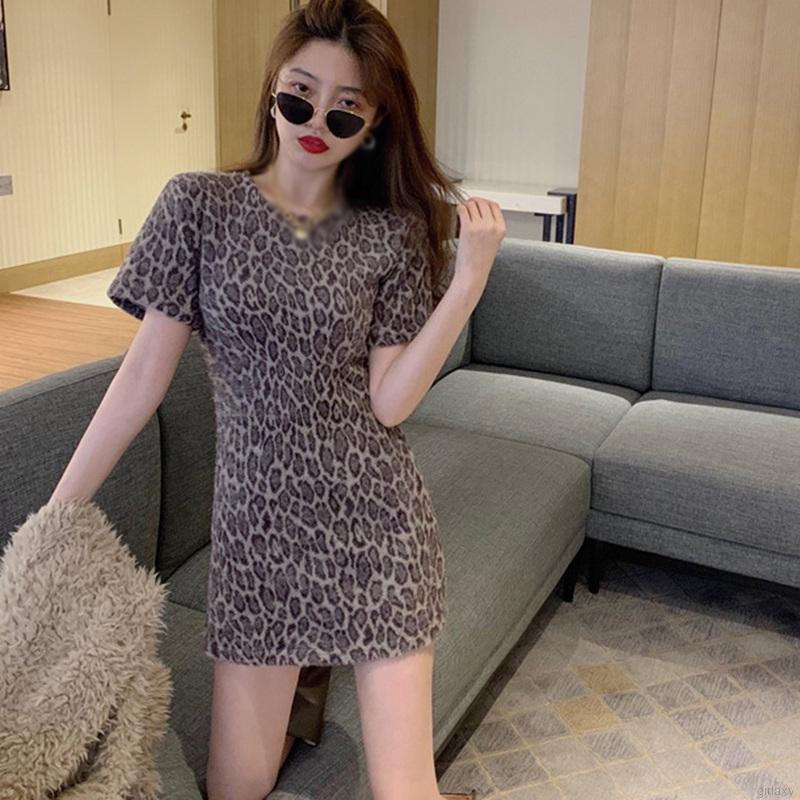 Đầm Nữ Tay Ngắn Dáng Rộng Họa Tiết Da Báo Phong Cách Hàn Quốc
