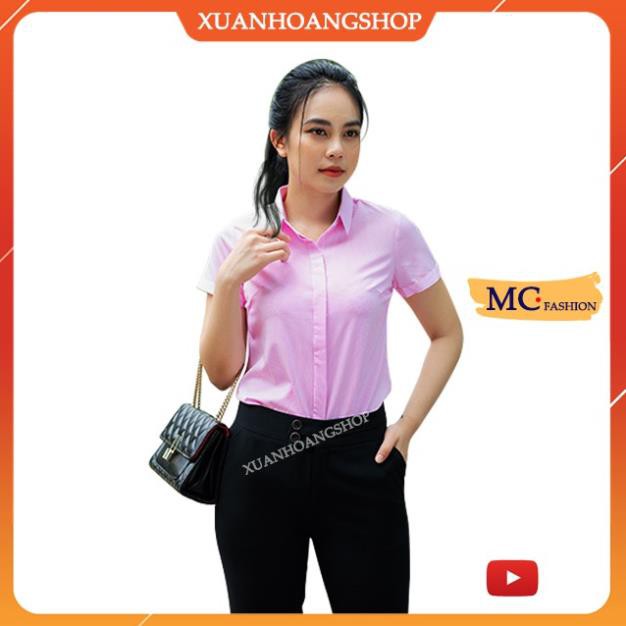 Áo Sơ Mi Nữ Tay Ngắn Cộc-Kẻ Sọc-Cổ Đức-Kiểu Công Sở Đẹp-Màu Xanh,Hồng Mc Fashion A206