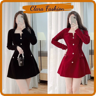 Váy nhung/ đầm nhung tay dài cổ v khuy ngọc 2 màu clara siêu xinh