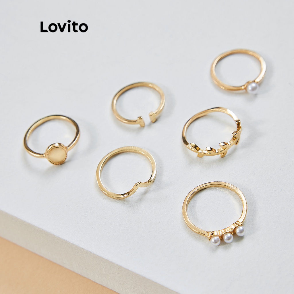 Nhẫn Lovito 6Pcs đính ngọc trai nhân tạo kiểu hình học đơn giản phong cách thanh lịch L17M153 (Màu vàng)