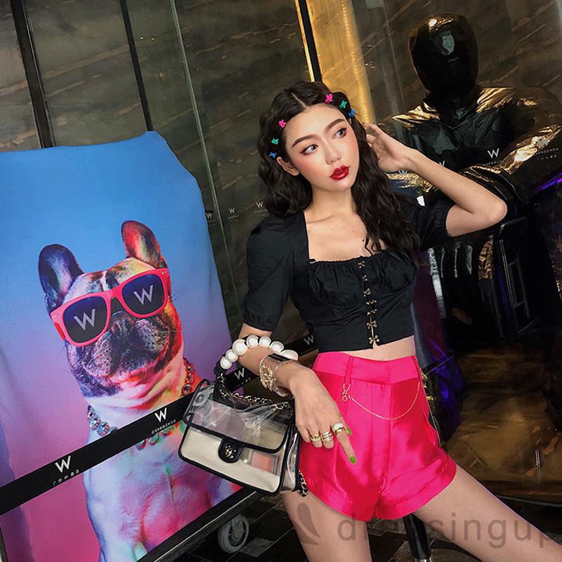 DRESSINGUP-Áo croptop cổ vuông màu trơn quyến rũ dành cho nữ