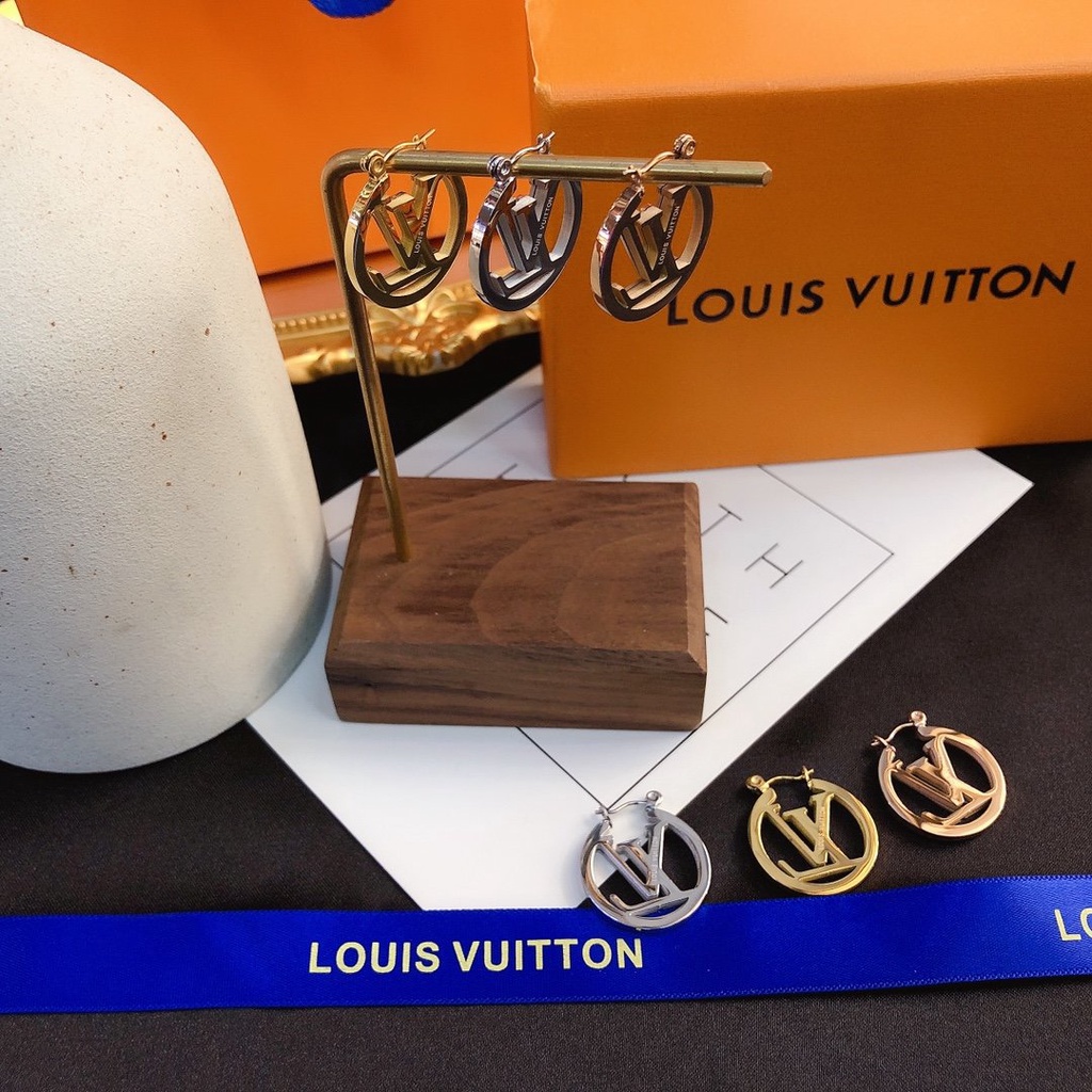 LOUIS VUITTON Khuyên Tai Tròn Bằng Thép Titan In Logo LV Thời Trang