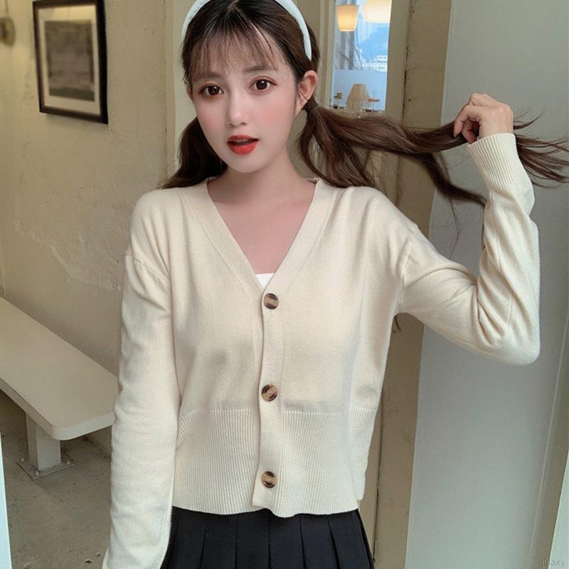 Áo Cardigan Dệt Kim Tay Dài Cổ Chữ V Màu Trơn Đơn Giản Phong Cách Hàn Quốc