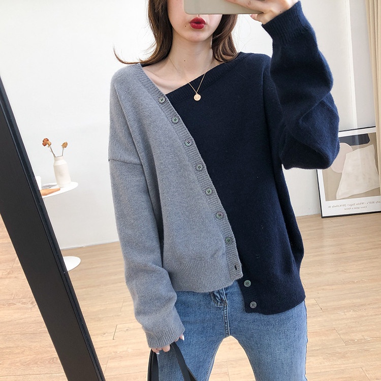 Áo dệt kim SUXI tay dài dáng rộng phối nút bất đối xứng kiểu hàn quốc thời trang mùa thu cho nữ