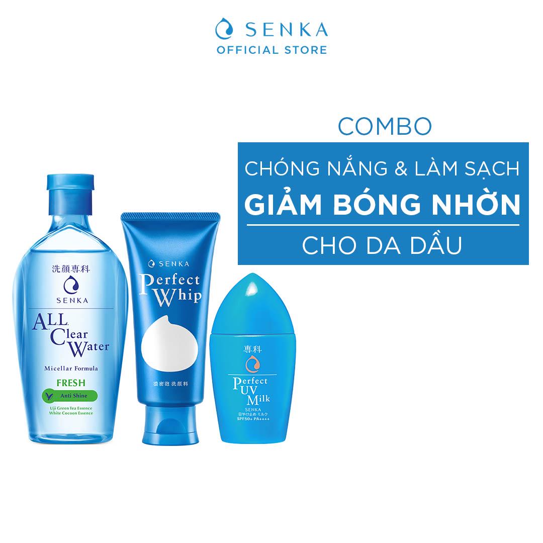 Combo Senka Làm Sạch Chống Nắng Kiềm Dầu Hoàn Hảo (Water Fresh 230ml + Perfect Whip 120g + UV Milk 40ml)