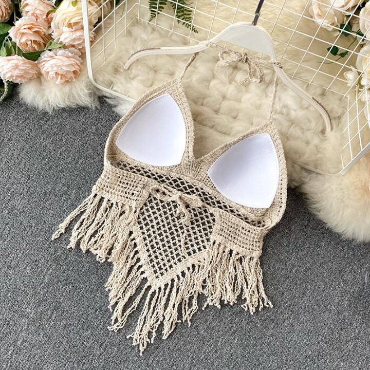 Áo Lưới Yếm Tua Rua Đi Biển MK MAIKA mẫu mới móc len MKF002 Kem | BigBuy360 - bigbuy360.vn