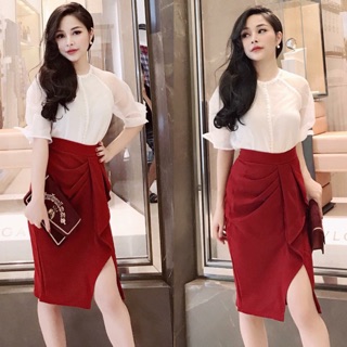 Set áo trắng + chân váy đỏ cao cấp