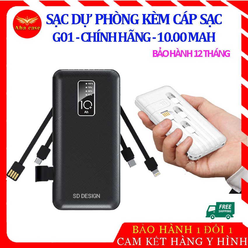 Sạc pin dự phòng 10000 Mah Kèm Cáp G01 chính hãng SD Design 3in1, sạt kiêm giá đỡ, xạc bảo hành 1 năm