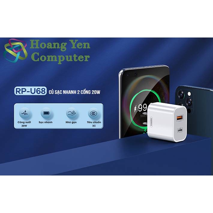Cốc Sạc Nhanh Remax RP-U68 - Sạc Nhanh QC3.0 18W, PD20W - Chính Hãng BH 12 Tháng - Hoàng Yến Computer