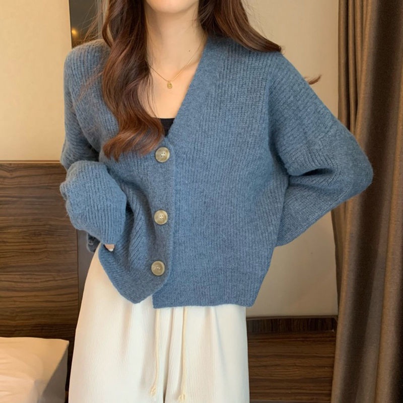 Áo Sweater Dệt Kim Tay Dài Dáng Rộng Cổ V Xinh Xắn Cho Nữ