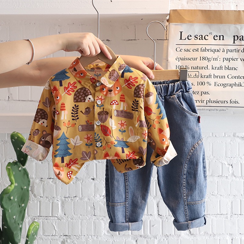 Set áo sơ mi tay dài phối quần jeans thời trang cho bé trai