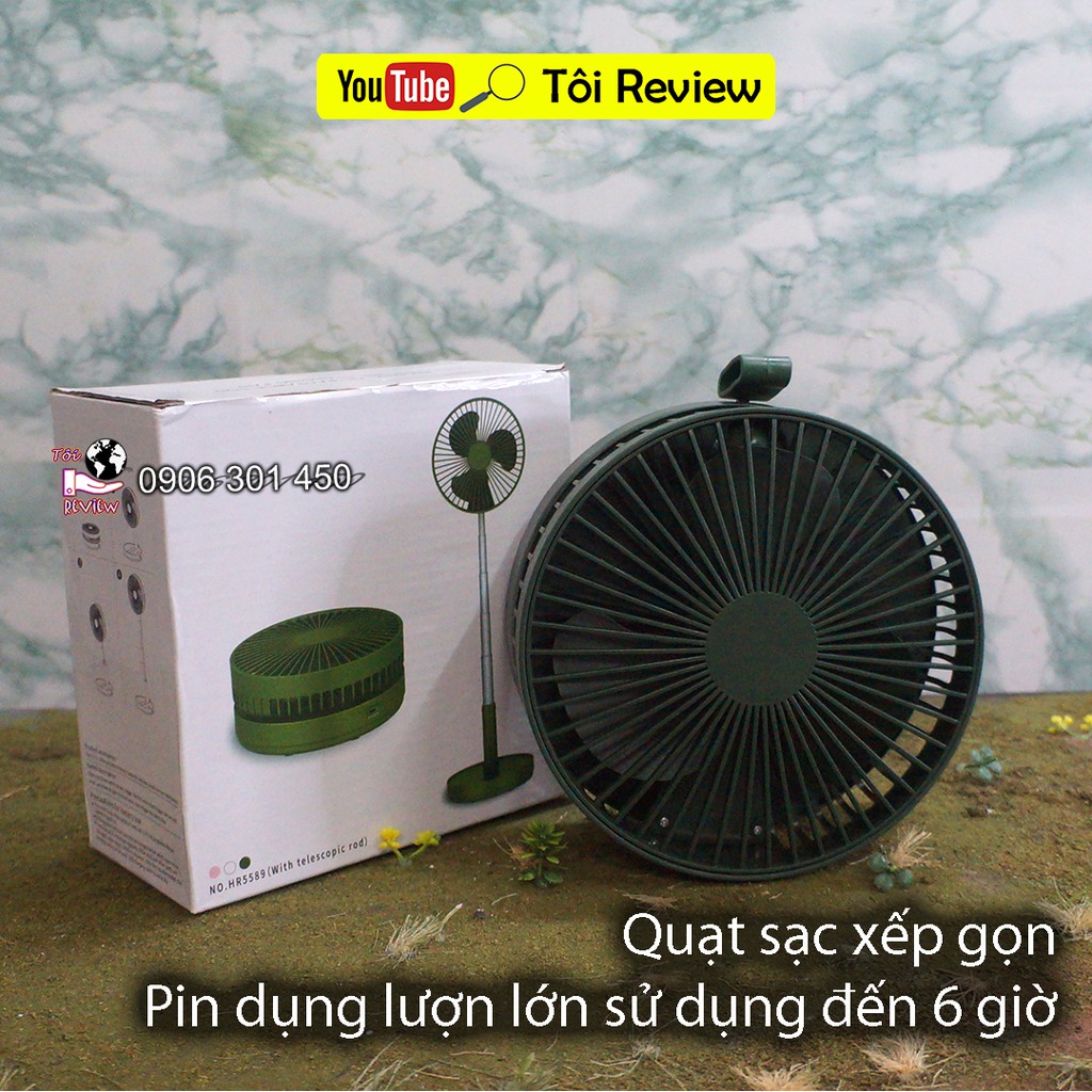 Đánh giá quạt sạc để bàn xếp gọn, Chiều cao tối đa 70cm. Sử dụng liên tục 6 giờ, 3 cấp độ gió