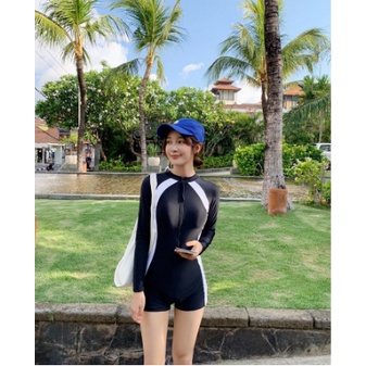 Bikini liền mảnh bodysuit có tay khoá kéo màu đen chạy sọc trắng form short kín đáo VATIXA BKN18-TAY DÀI