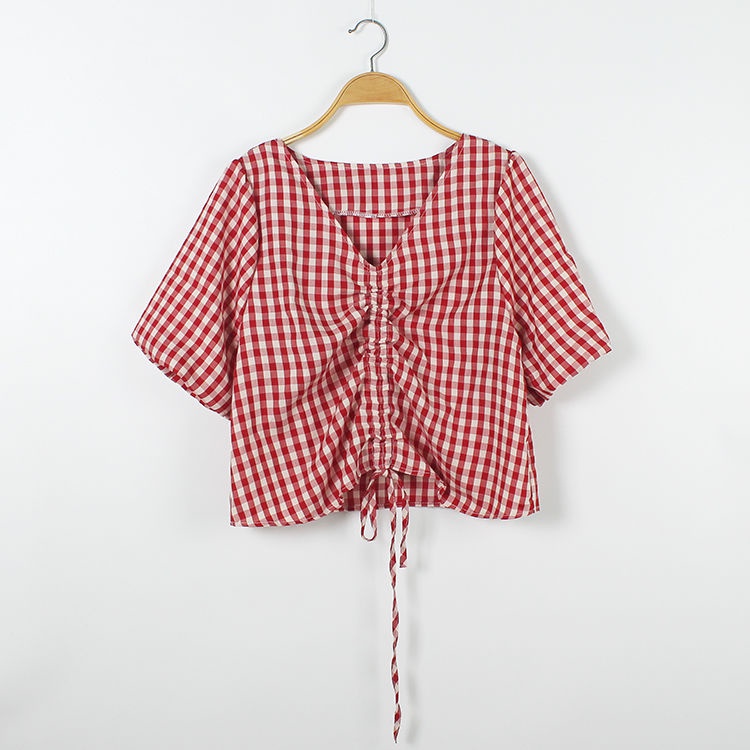 Áo Sơ Mi Tay Ngắn Phồng Cổ Chữ V Họa Tiết Kẻ Sọc Phong Cách Hàn Quốc Thời Trang Mùa Hè Mới Cho Nữ