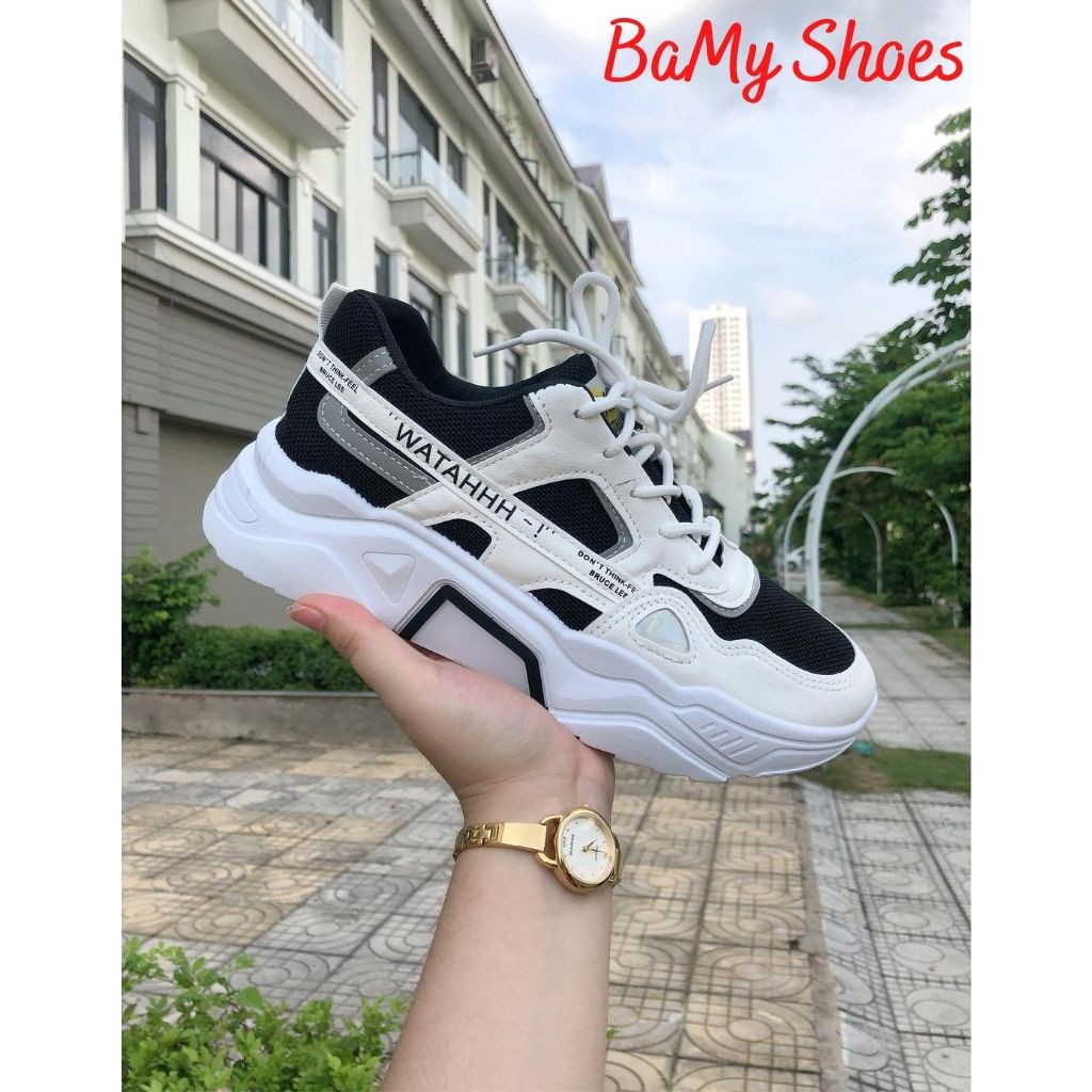 Giày Thể Thao PHẢN QUANG Sneaker Nam Đen Trắng💥 Giày buộc dây Watahhh Tăng Chiều Cao 5cm Full Box