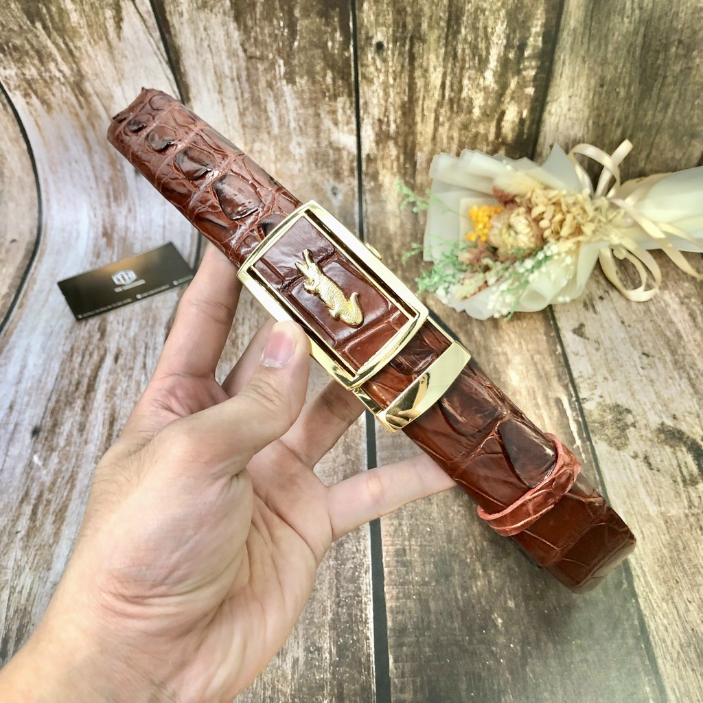 Dây Lưng Cá Sấu Liền Da Lưng Gù Đầu, Thắt Lưng Nam Da Cá Sấu Thật 3.5cm, Dây Nịt Bụng Cá Sấu Bản Liền Lưng - BH 24 Tháng