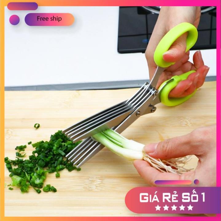 Kéo Inox Nhiều Lưỡi Cắt Nhỏ Hành Lá, Cắt Đồ Ăn 5 Lưỡi Thông Minh, Siêu Nhanh