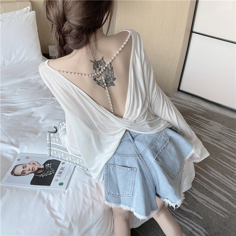 Áo Thun Tay Dài Hở Lưng Phối Dây Chuỗi Ngọc Trai Mỏng Chống Nắng Phong Cách Hàn Quốc Thời Trang Mùa Hè Quyến Rũ Cho Nữ