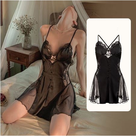 Váy ngủ 2 dây Embra khuy ren lưới cao cấp EBV29