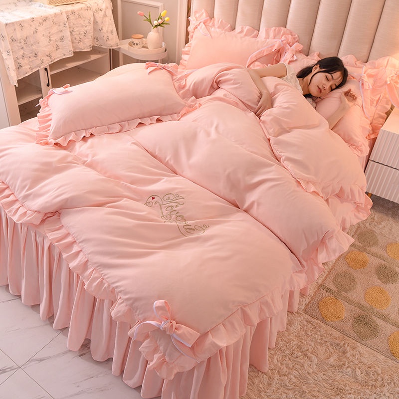 Korean Princess Feng Shui washed cotton bed skirt four piece set net red bow embroidered quilt cover lace bedspread bedding N8Zb