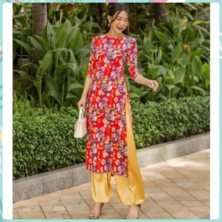 Áo Dài Cách Tân Tay Lỡ Cổ Tròn Vải Gấm, Áo Dài Tết May Sẵn Màu Đỏ In Hoạ Tiết Đẹp, Đường May Ôm Dáng, Tinh Tế, Giftylady