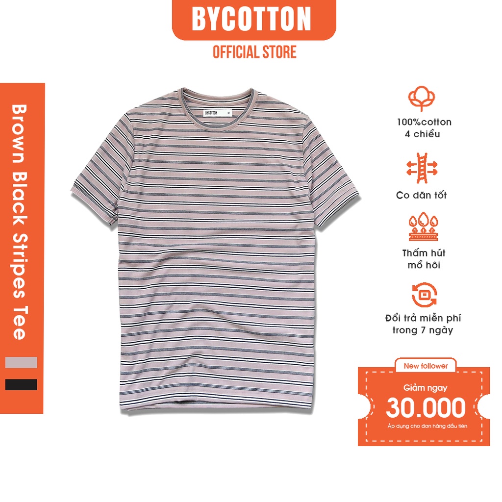 Áo Thun Gân Ngắn Tay Cổ Tròn Nâu Phối Sọc Đen BY COTTON Brown Black Stripes Ribbed Tee