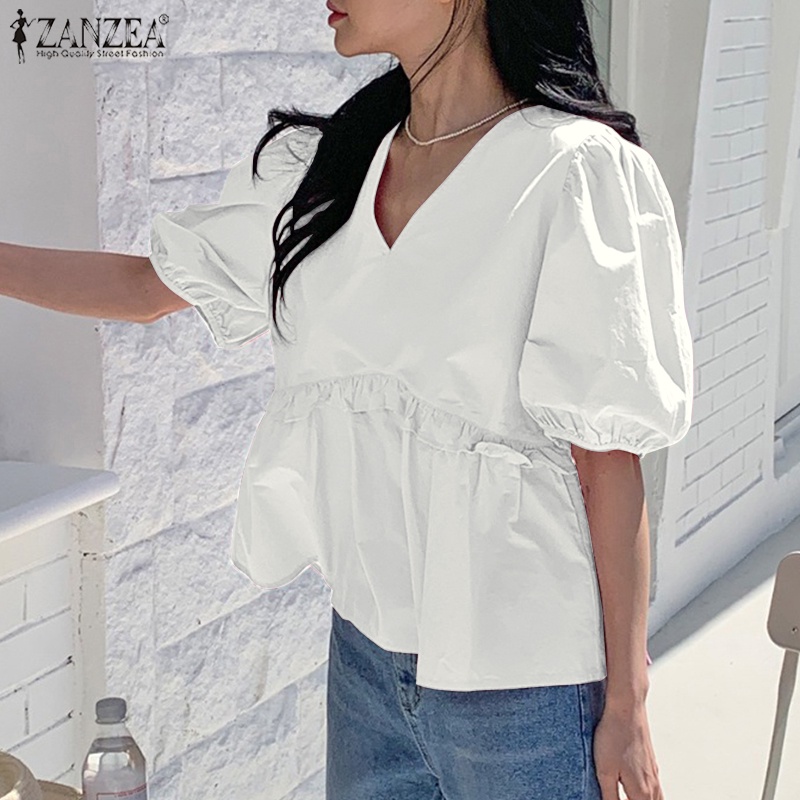 Áo kiểu Zanzea tay phồng cổ chữ v màu trơn thời trang hàn quốc cho nữ