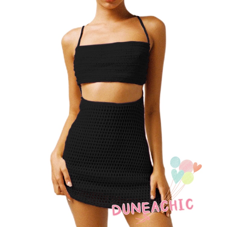 DUNEA Bộ Áo Tank Top + Chân Váy Dệt Kim Lưng Cao Xinh Xắn Dành Cho Nữ