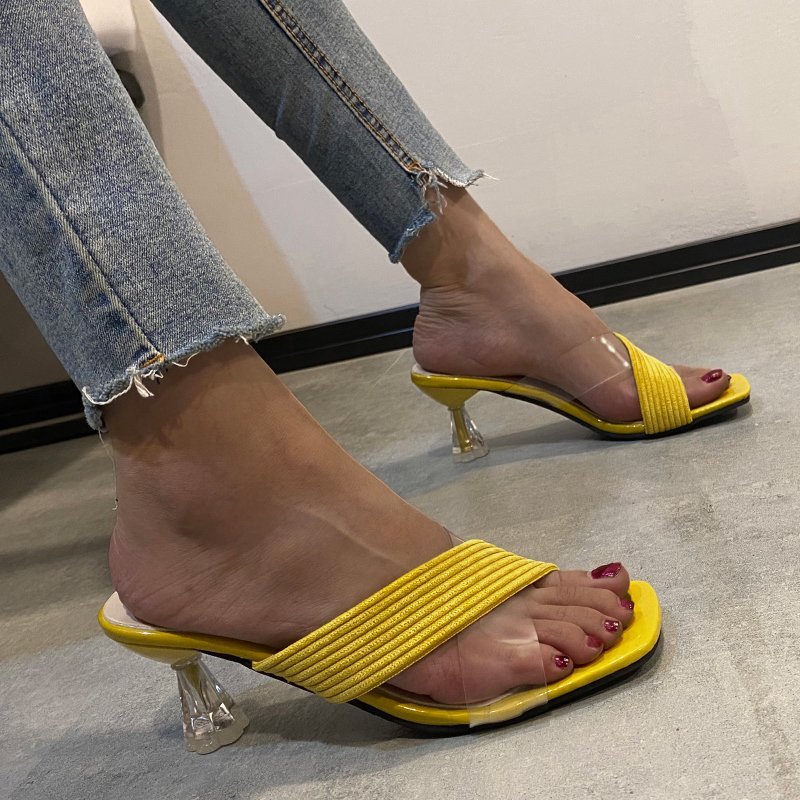 Women's transparent high heel sandals Woven open toe slippers Square head sandal Korean Fashion Shoes 【SH131】