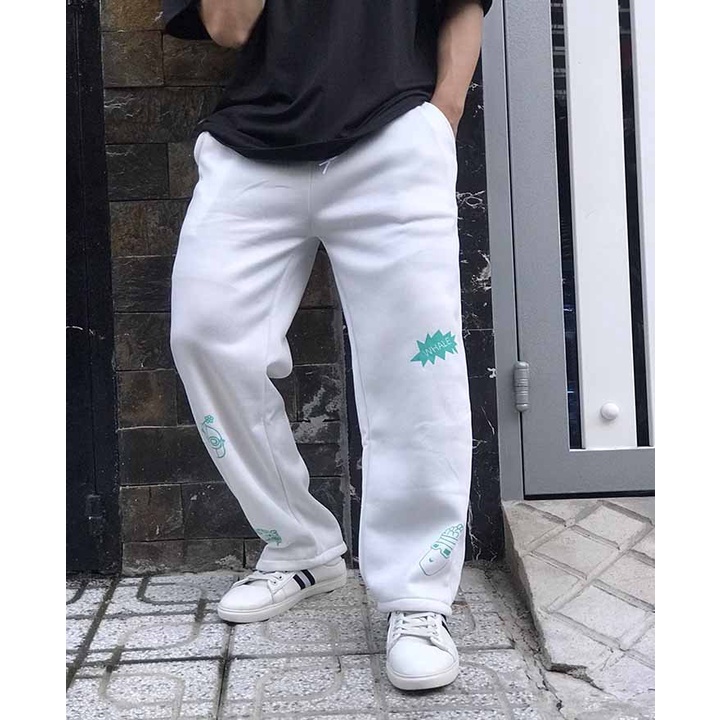 MẪU HÓT  Quần Jogger Đen Và Trắng In Chữ WHALE Ống Xuông Vải Nỉ Unisex Nam Nữ Phong Cách Đường Phố Siêu Chất