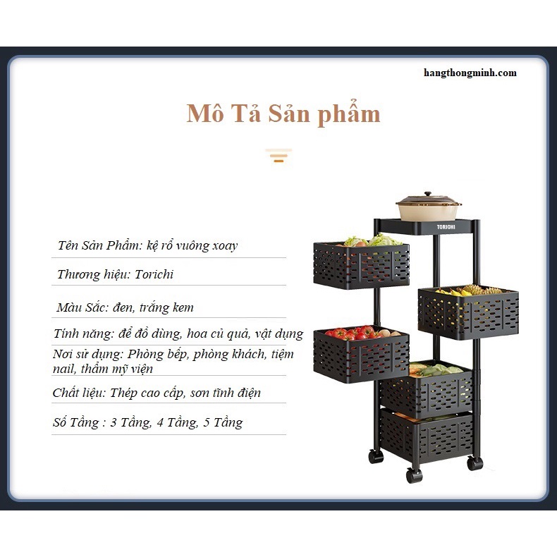 Giá Kệ Rổ Vuông Để Đồ Nhà Bếp 3 Tầng Đa Năng Xoay 360 Độ Có Bánh Xe TORICHI